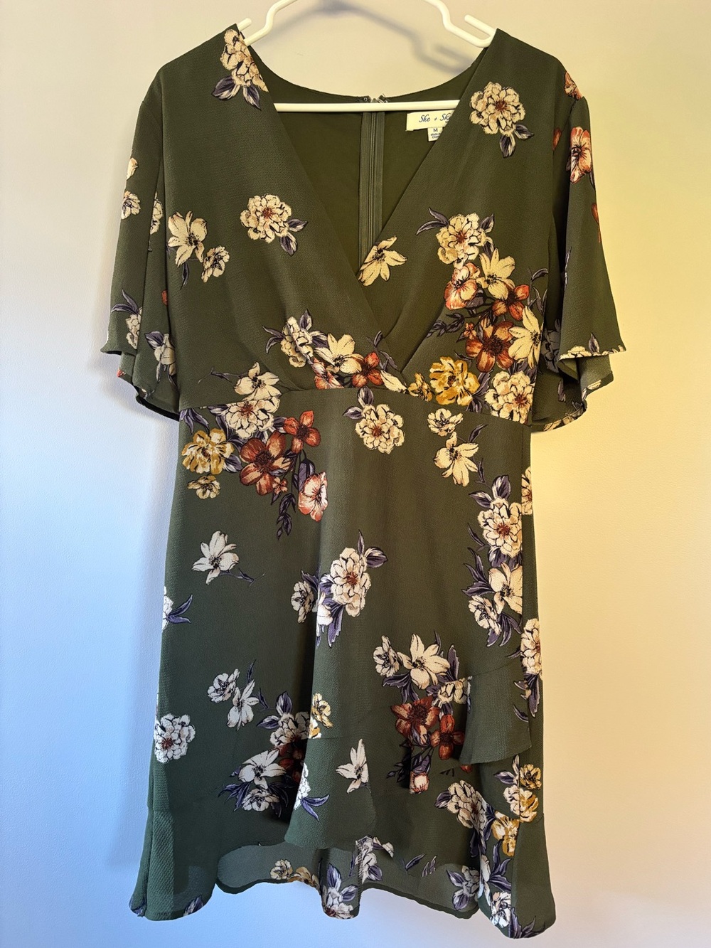 She & Sky Floral Wrap Dress in Olive Green